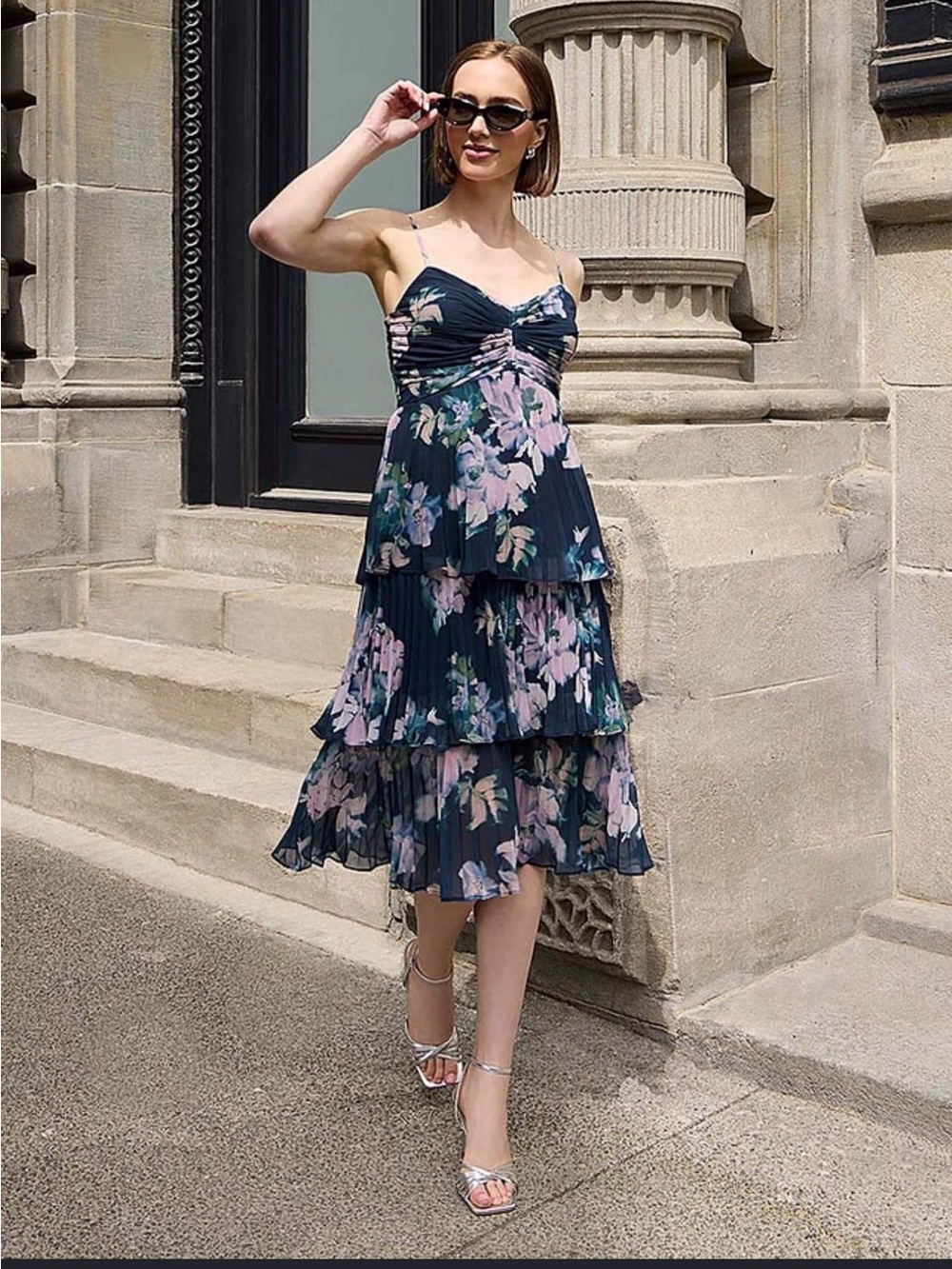 le chateau Black Floral Pleated Tiered Dress